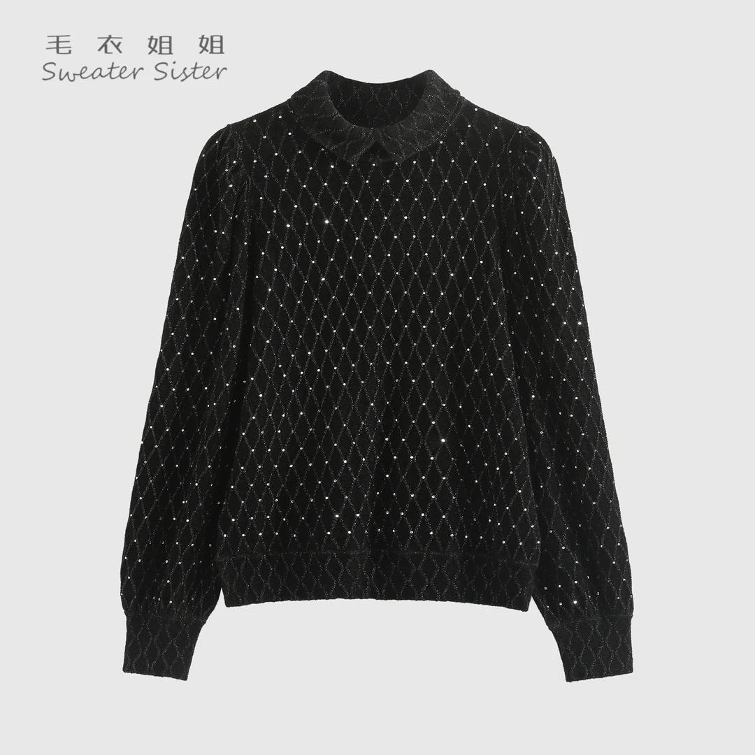 翻领气质菱格提花烫钻针织上衣女150-23516