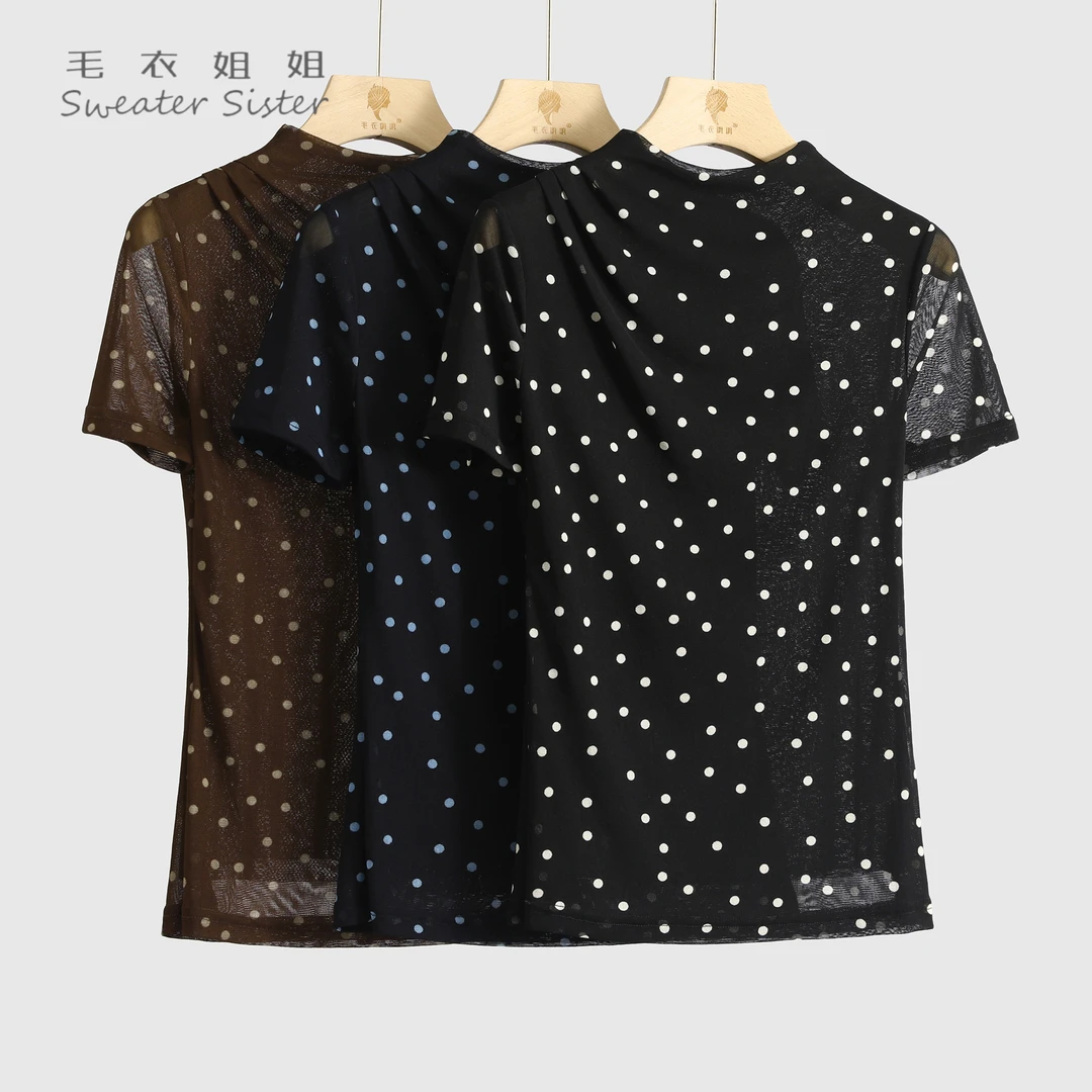 毛衣姐姐半高领波点印花修身显瘦网纱短袖T恤女509-90