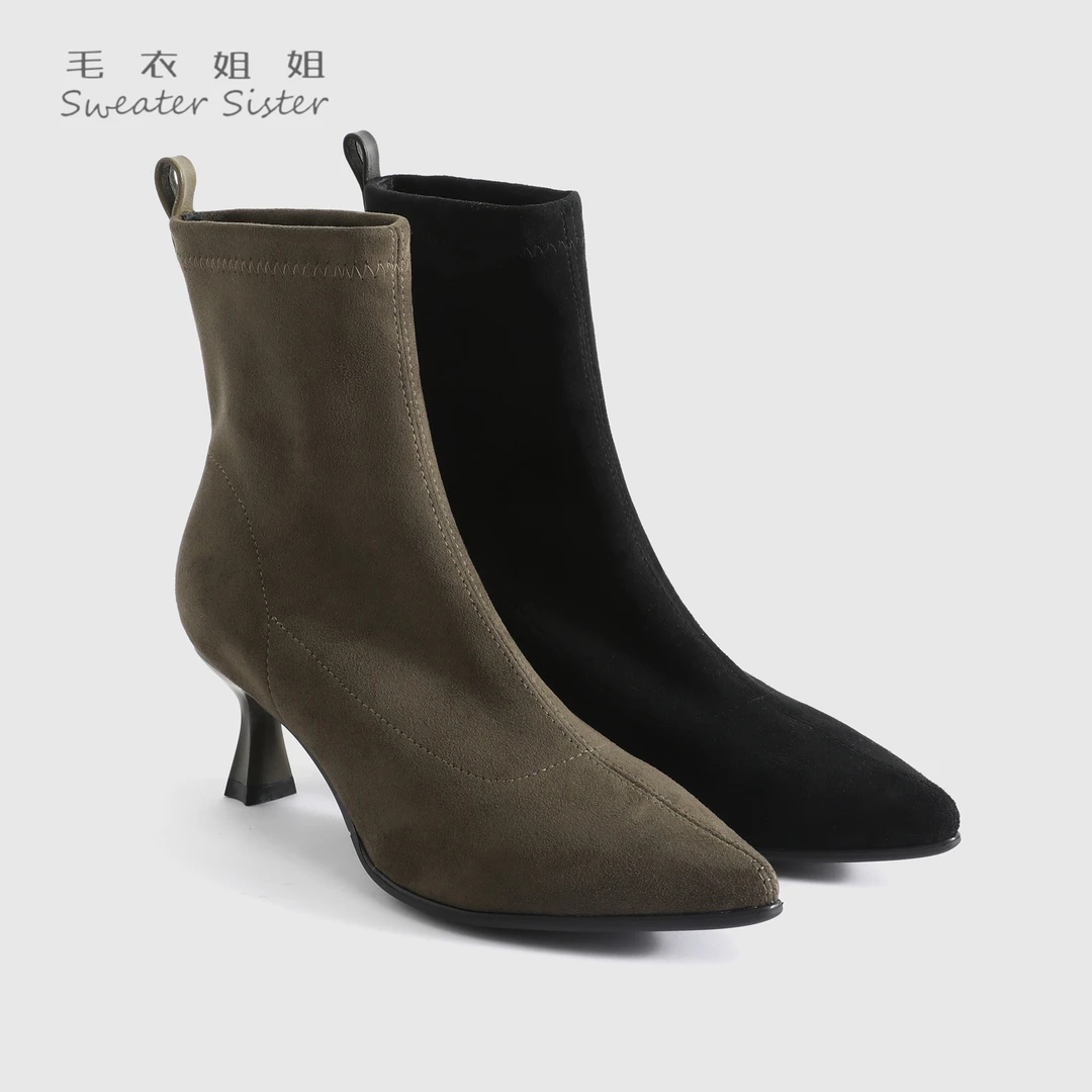 毛衣姐姐新款绒面尖头弹力瘦瘦靴短靴细跟百搭女10392