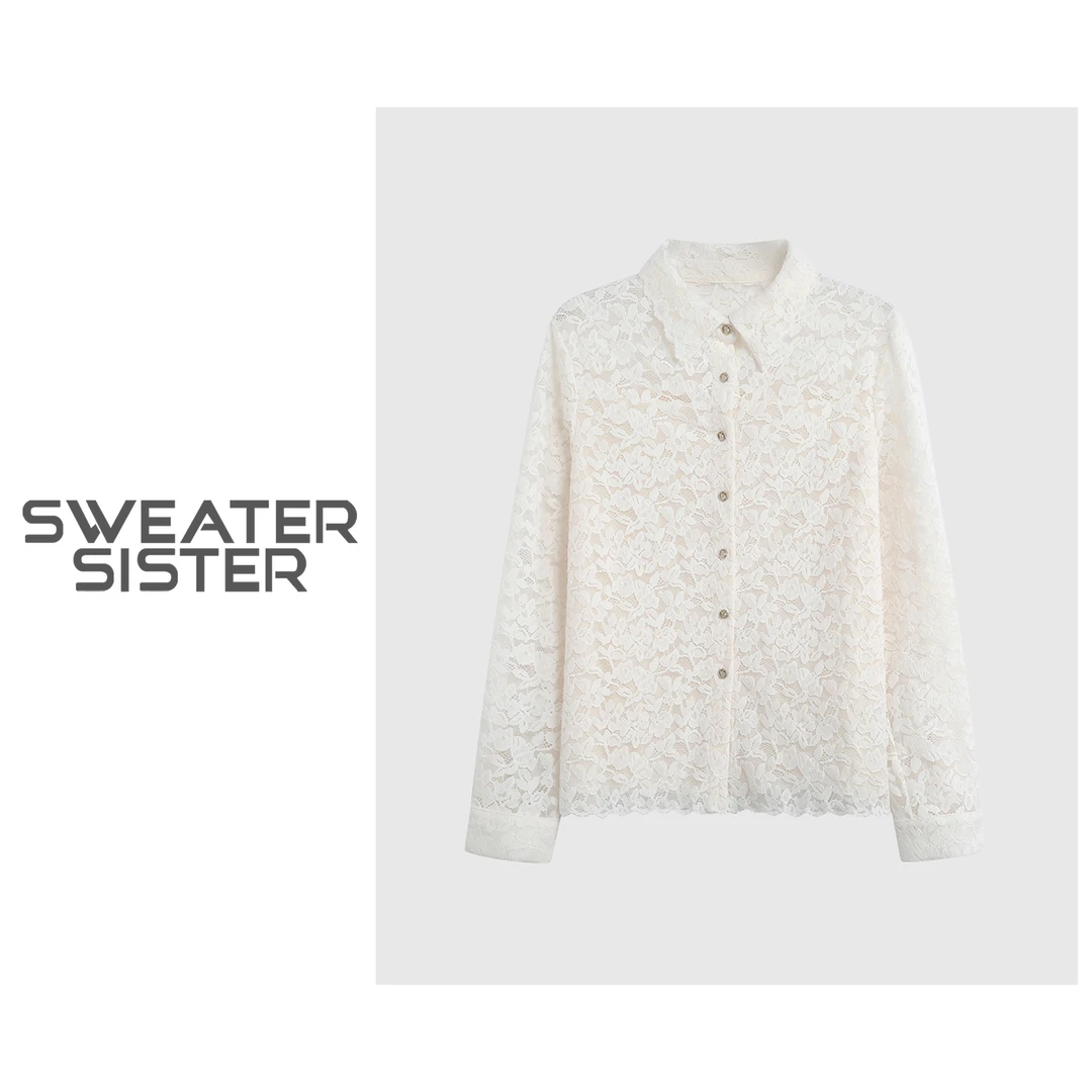法式翻领蕾丝镂空气质长袖衬衫女640-696
