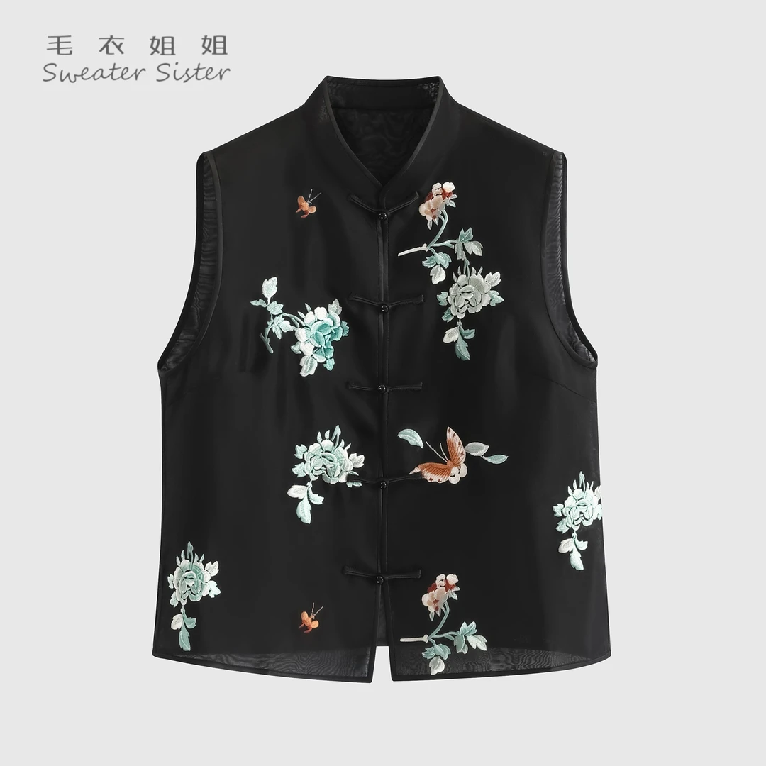 毛衣姐姐复古中式蝴蝶刺绣马夹女宽松立领盘扣上衣505-60