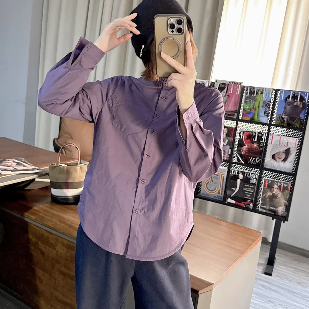 设计感小翻领纯色百搭长袖衬衫女524-95322