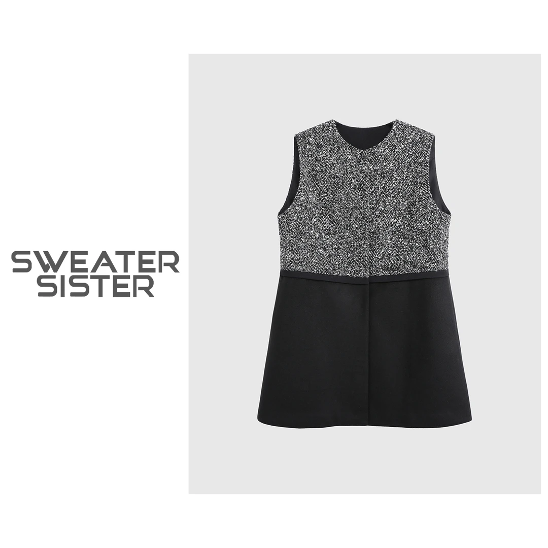 法式复古御姐范无袖小香风撞色拼接外套马甲裙女515-01656