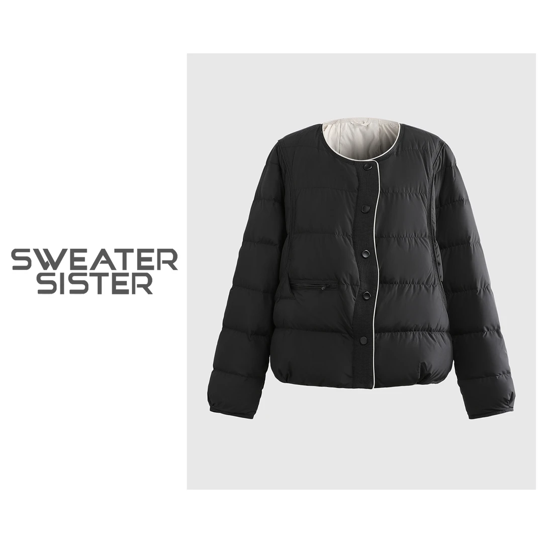 【红人上新】简约轻薄圆领单排扣保暖羽绒服女425-004