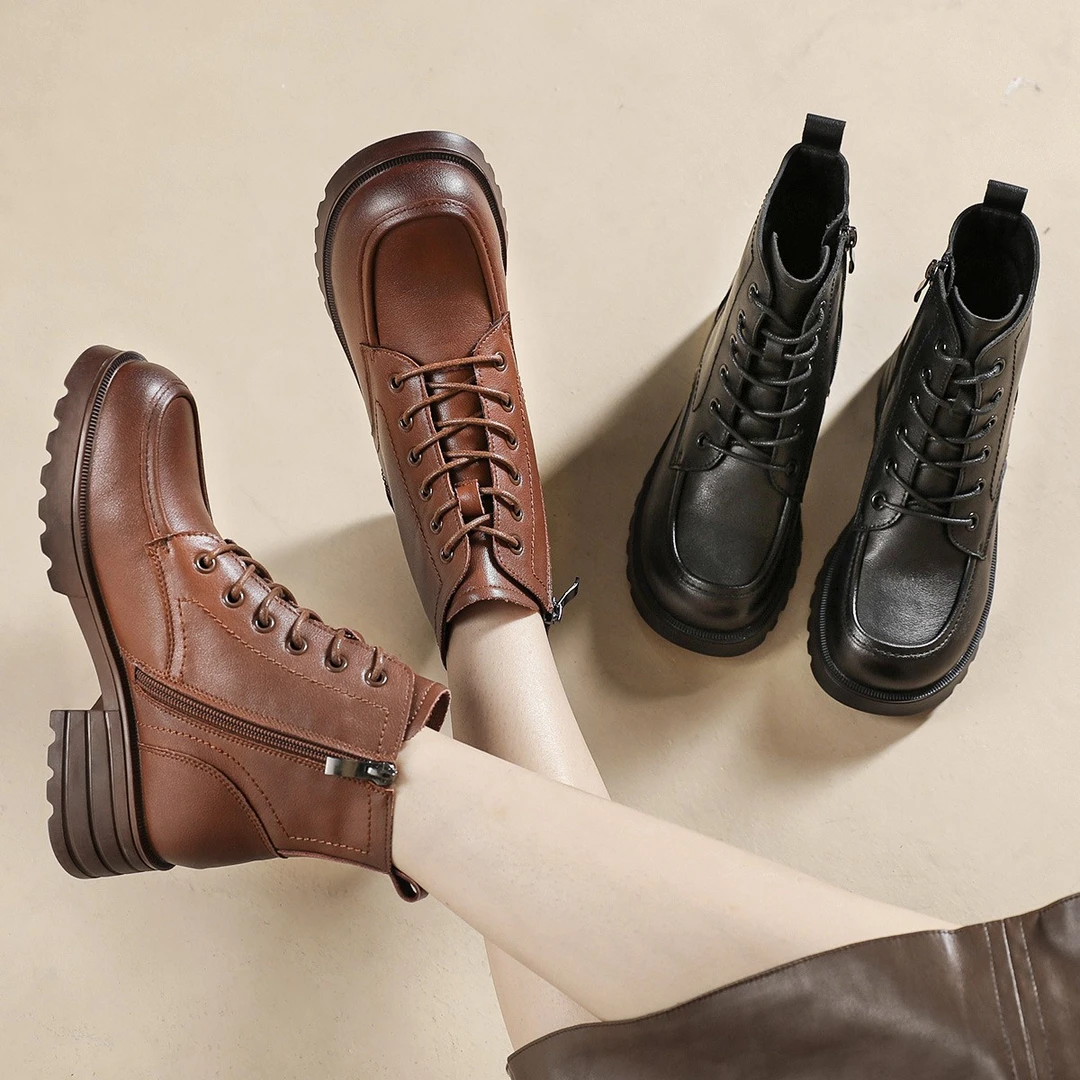 清仓马丁靴短靴秋冬英伦风真皮厚底女鞋百搭系带单靴圆头靴子