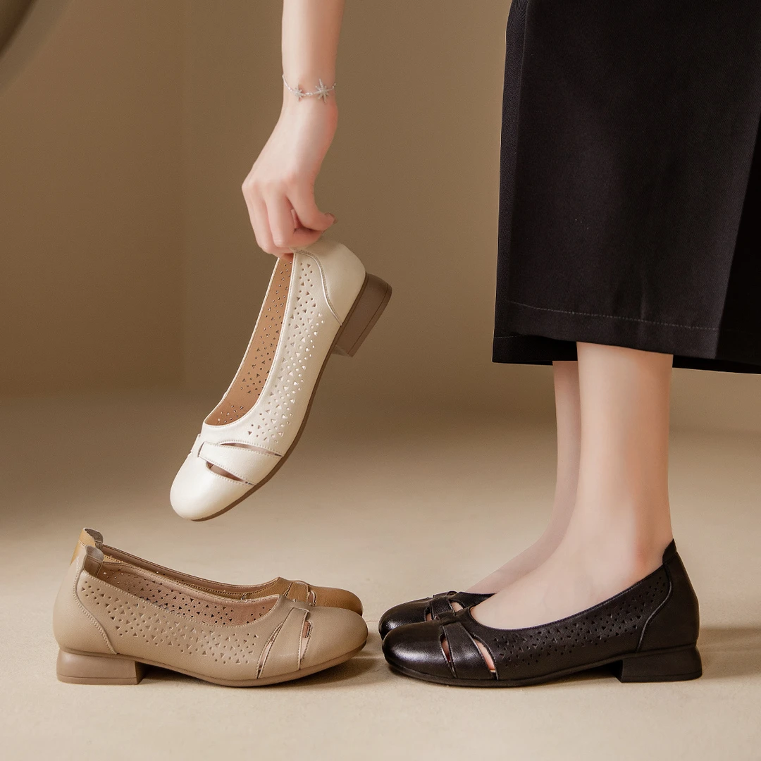 真皮软底妈妈鞋凉鞋平底防滑中老年单鞋镂空透气女鞋洞洞夏季新款