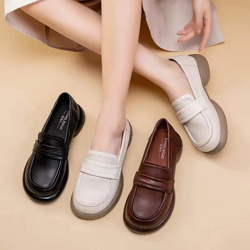 厚底高品质乐福鞋舒适复古豆豆鞋休闲软底真皮妈妈女士鞋圆头女鞋