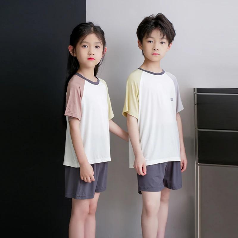 60支莫代尔儿童睡衣男童套装夏季薄款短袖男孩空调服女童家居服