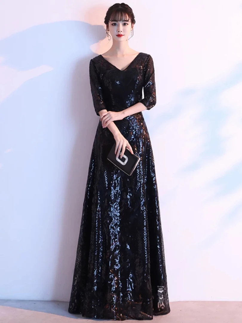 直播链接断码特价黑色亮片晚礼服宴会年会主持演出合唱指挥服走秀