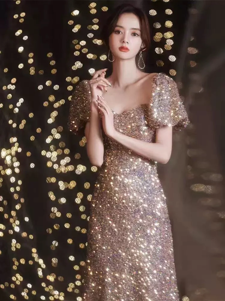 直播链接断码特价香槟色加密亮片显瘦高端宴会气质年会主持人生日