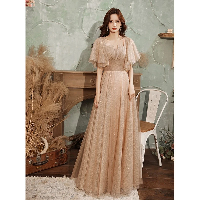 直播链接断码特价法式飞袖喷金晚礼服年会主持人宴会名媛气质长款