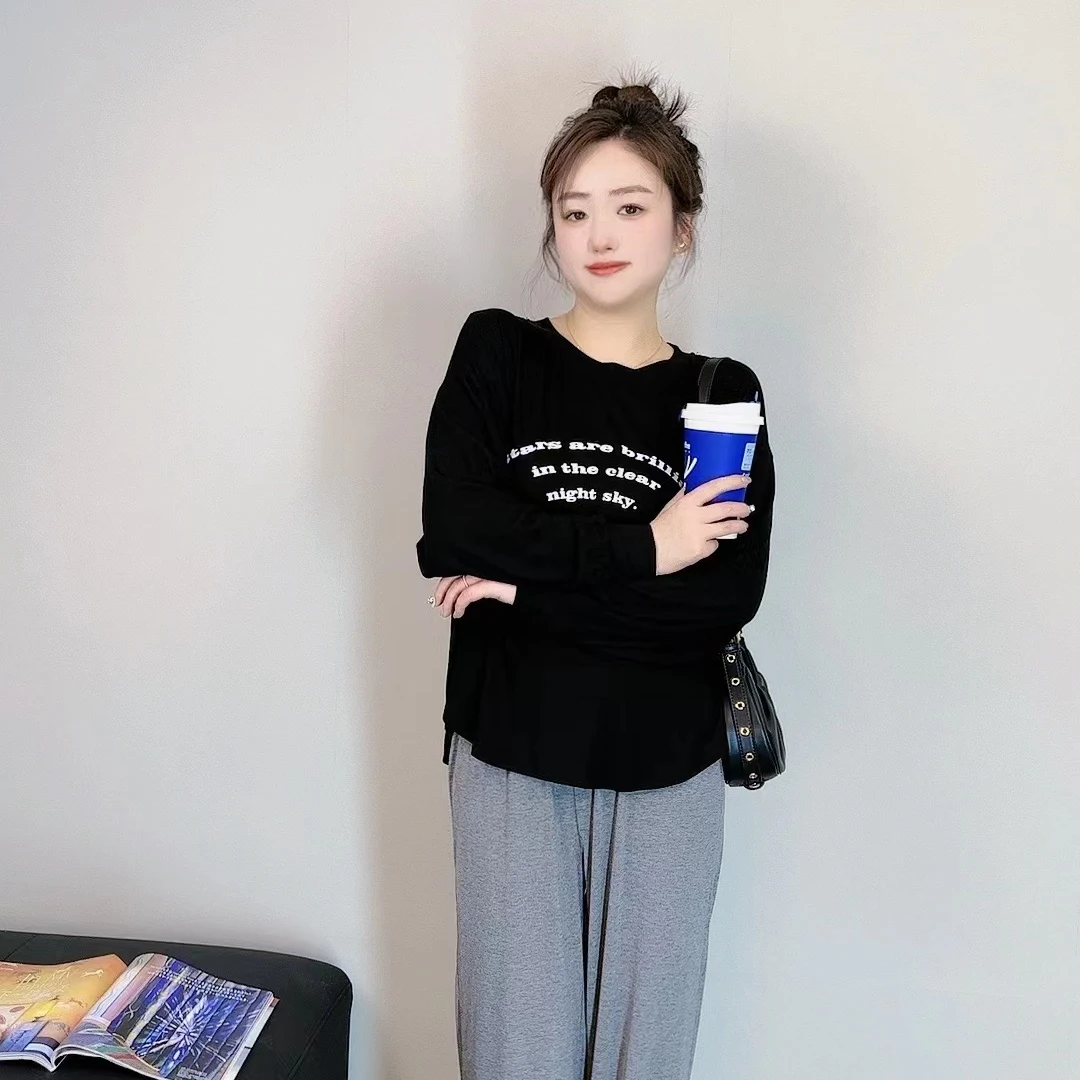 长袖印花睡衣时尚圆领休闲百搭宽松黑色显瘦女家居服可外穿不尴尬