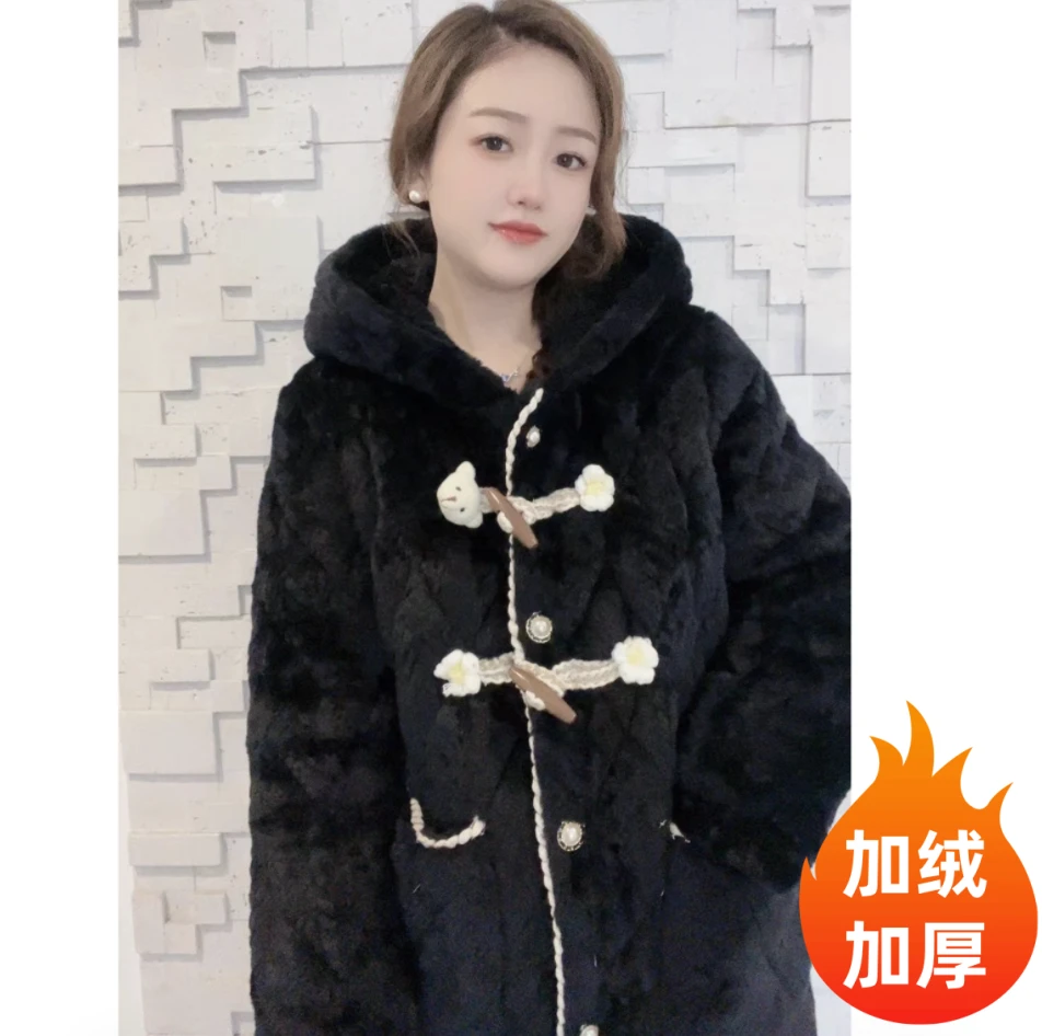 连帽加绒加厚女士长款时尚保暖秋冬季家居服单件袍子韩版可外穿