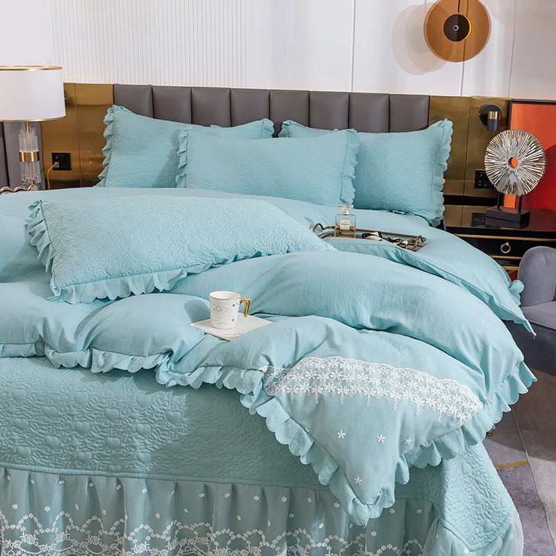 公主风床盖四件套A类水洗棉麻床盖三件套蕾丝花边四季通用可机洗