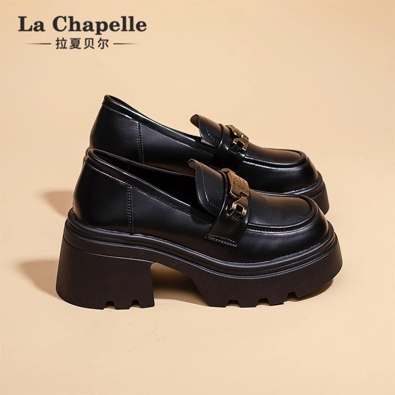 拉夏贝尔厚底乐福鞋女2025玛丽珍英伦风黑色小皮鞋一脚蹬懒人单鞋