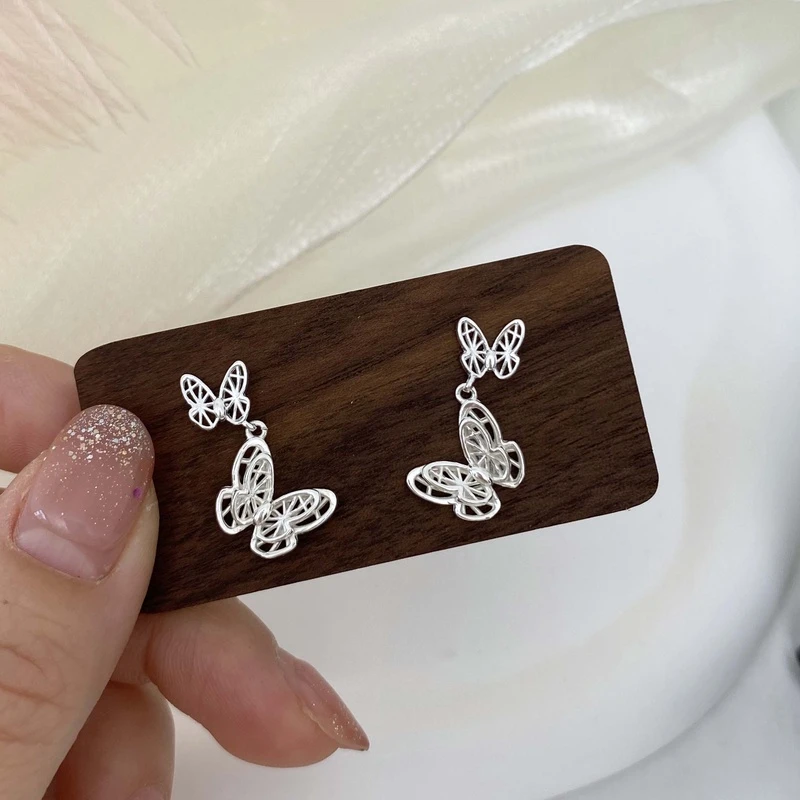 足银耳饰 999足银花丝蝴蝶耳钉女重工高级感轻奢纯银超仙耳坠E388