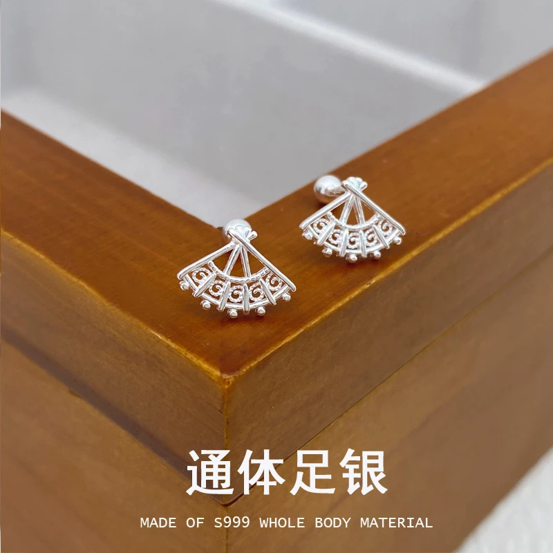 足银耳饰 足银扇形耳钉  纯银螺丝耳钉E423