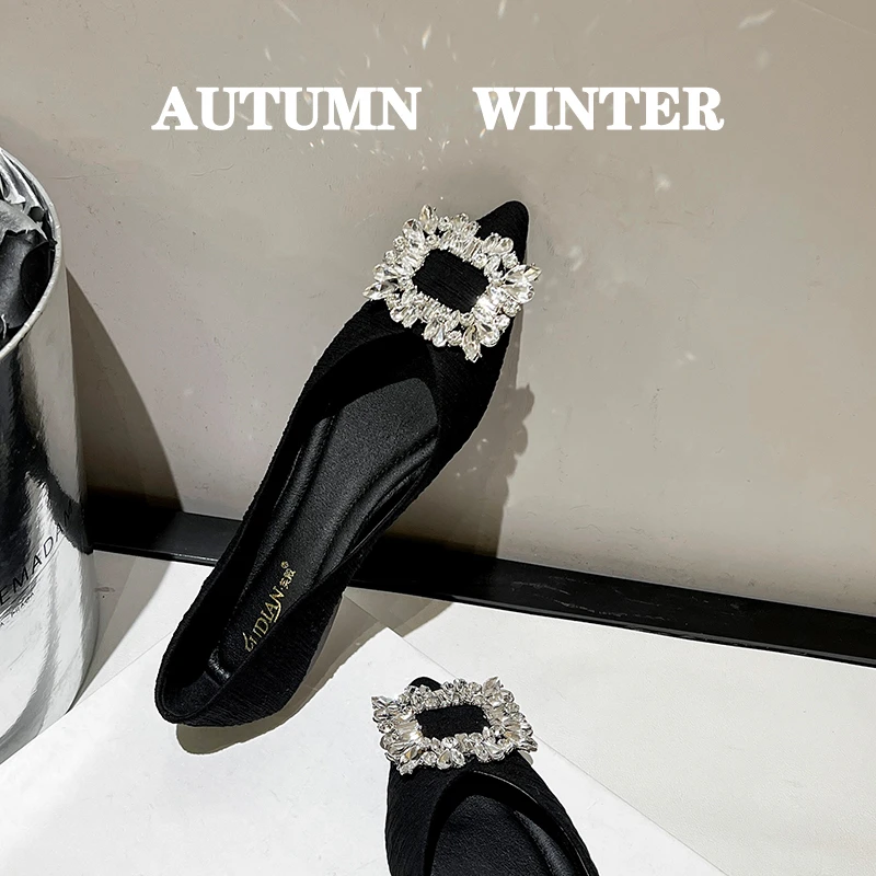 法式尖头单鞋女2023年新款秋季浅口鞋子水钻黑色女士气质平底瓢鞋