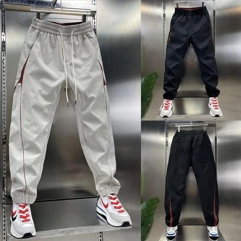 2024秋冬爆款男士加绒拼接条纹简约休闲裤百搭卫裤抽绳松紧腰束脚