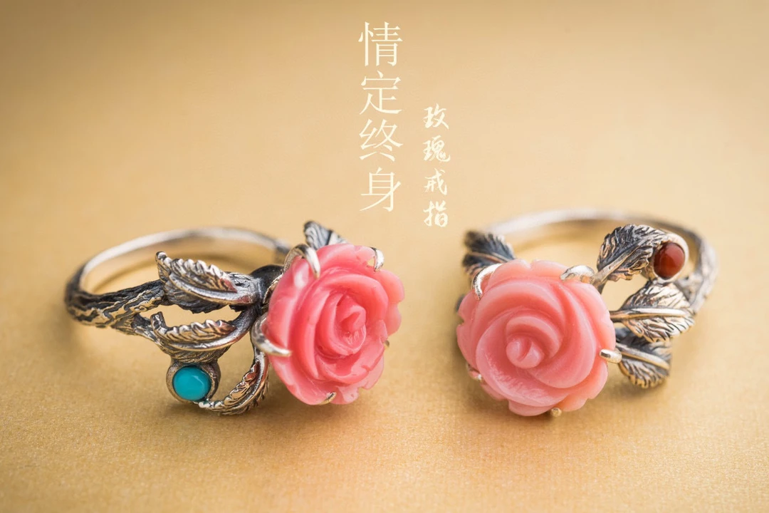 925银戒指 女凰贝玫瑰花女款复古国风气质纯手工民族风古风时尚