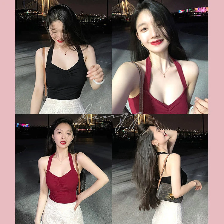 林关关法式复古性感针织小吊带个性挂脖背心女夏季外穿美背上衣潮