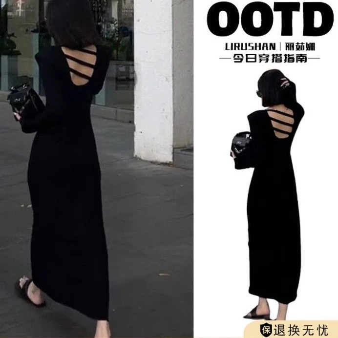 赫本风小个子黑色长袖连衣裙子早秋季2023新款女装露背长裙高级感
