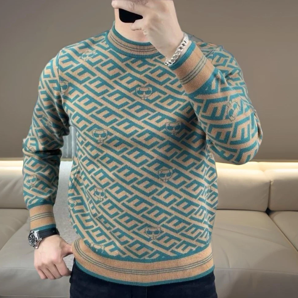 2024冬季时尚休闲男士圆领针织衫毛衣百搭潮流修身套头长袖打底衫