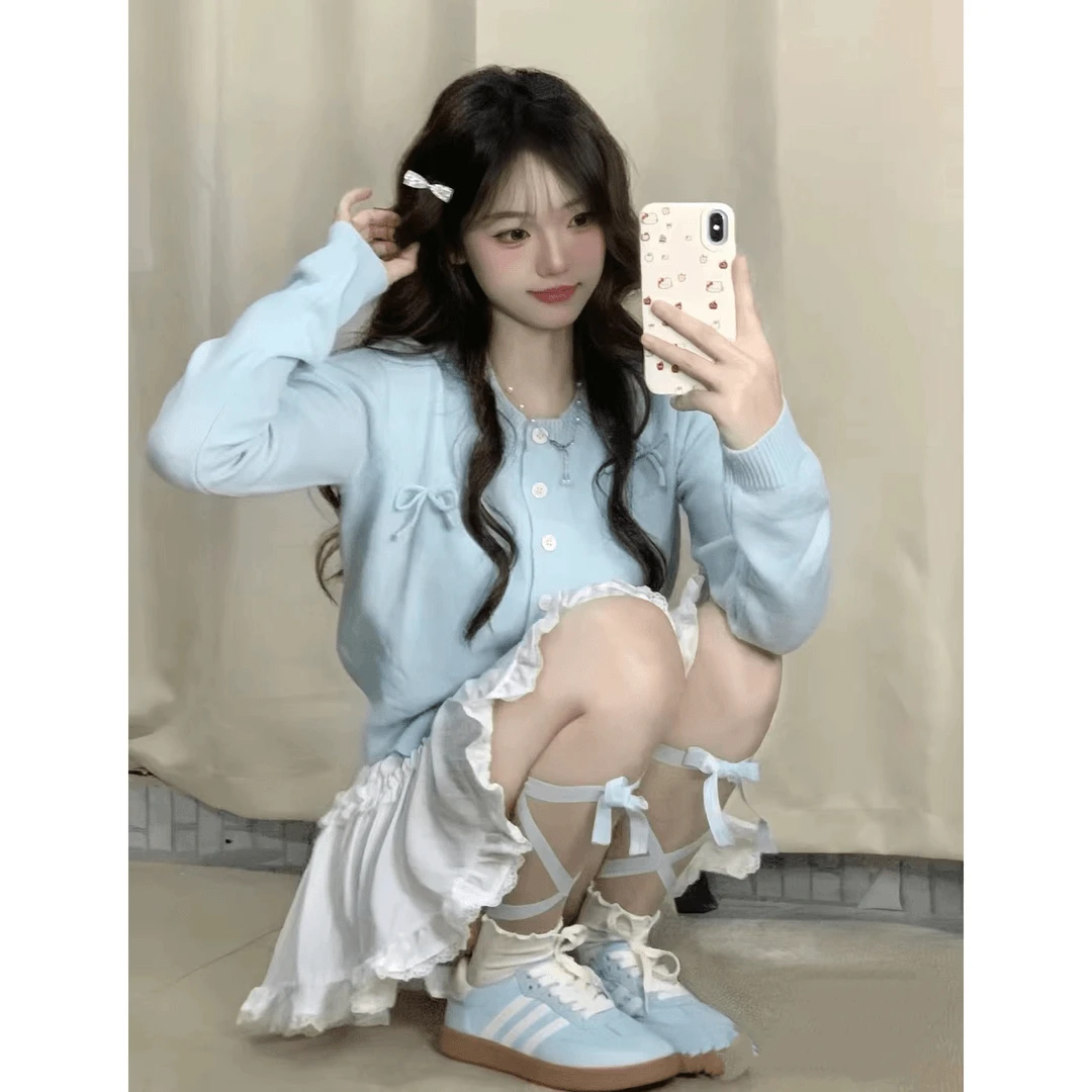 芭蕾风针织开衫春季女装新款蝴蝶结甜妹韩系软糯上衣蓝色毛衣外套