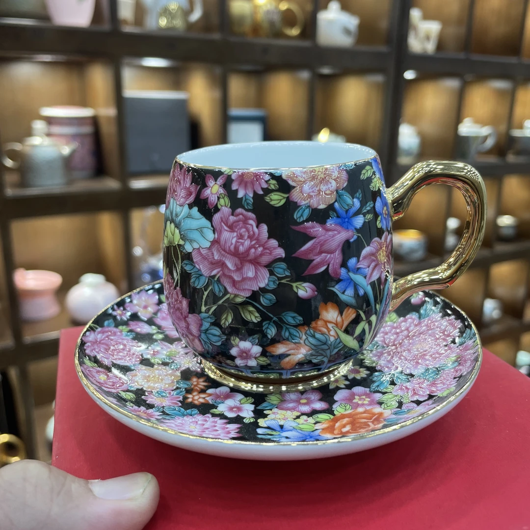 黑美人黑帝万花雅黑咖啡杯+碟+送礼盒珐琅彩珐琅印记陶瓷手绘蓝色