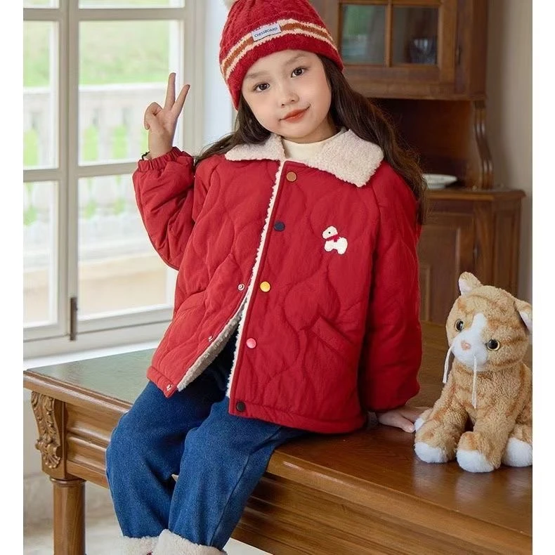 女童冬季棉服新款加绒加厚保暖女宝宝洋气翻领棉袄上衣