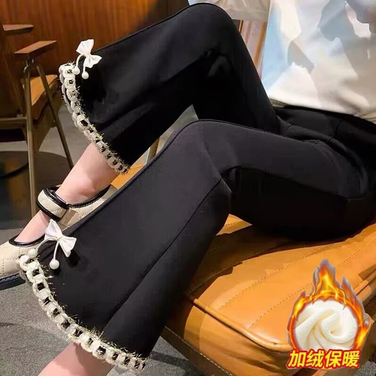 女童秋冬加绒喇叭裤新款女宝宝蝴蝶结阔腿休闲裤121