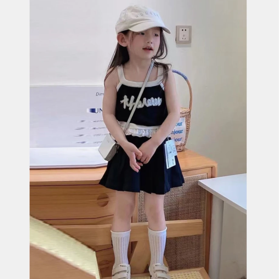 女童夏季新款吊带套装女宝宝时尚字母刺绣背心短裙两件套