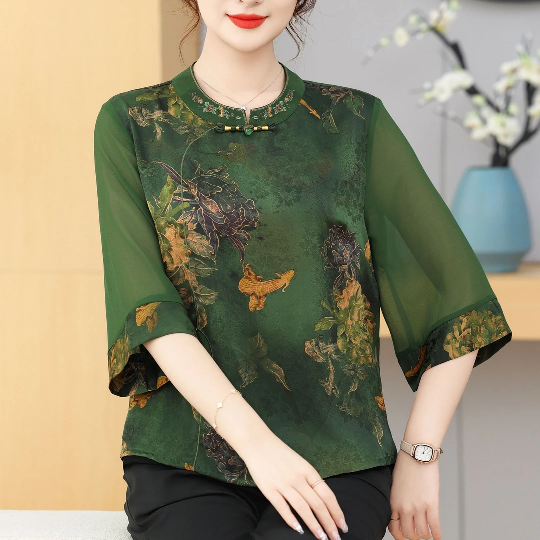 苏绣青绿花罗新中式国风小衫时尚气质休闲百搭上衣宽松优雅中国风