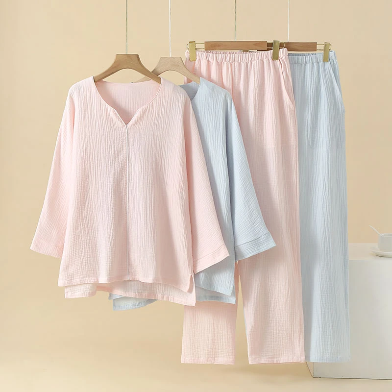 夏季薄款全棉透气女士纯色V领套头棉纱春夏双层家居服套装纯棉