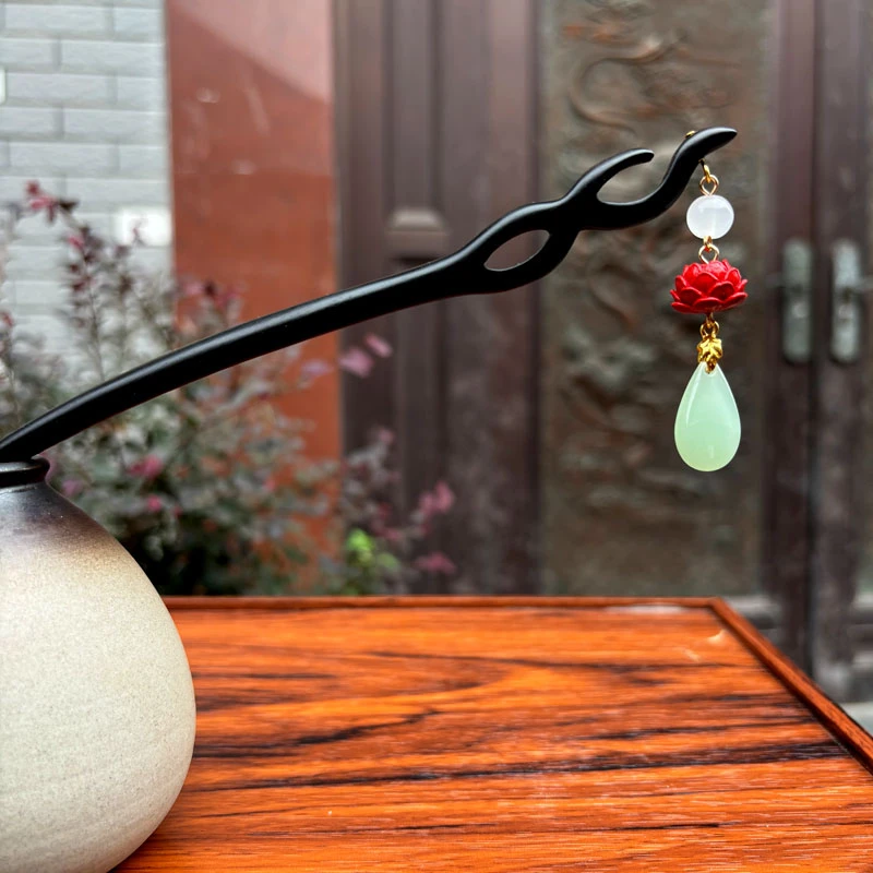 天然黑檀木发簪18cm【水滴红莲】仙气百搭簪子简约日常木簪