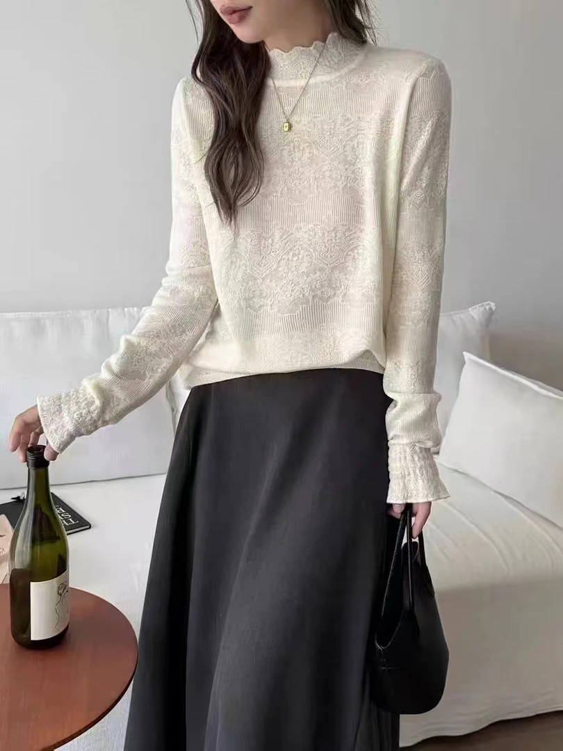 云朵绒温柔感花边半高领波浪立体提花打底长袖针织衫显瘦内搭上衣