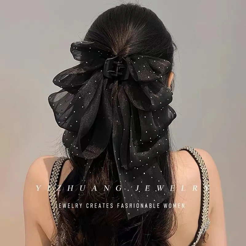 满天星飘带森系网纱优雅百搭法式蝴蝶结抓夹女半扎发发夹气质抓夹