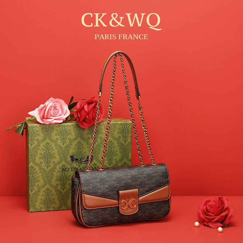 CK&WQ/2024春夏新款时髦复古高级百搭印花单肩斜挎包WQ-1478X咖色