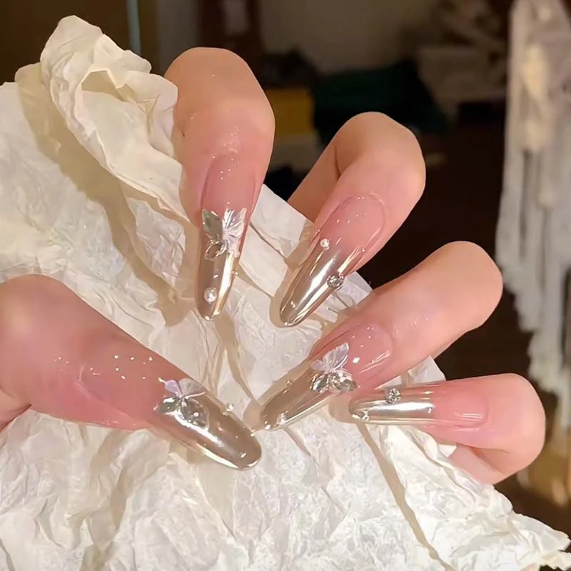 月光银蝴蝶美甲贴片批发高级黑色蓝色网红款法式秋冬小众款高端