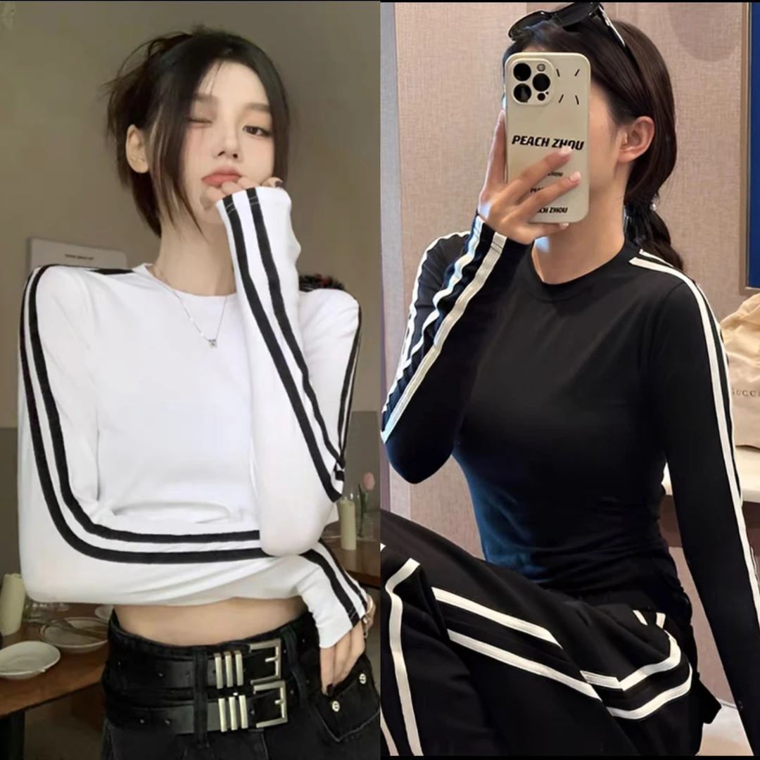 8362两条杠长袖T恤女修身显瘦弹力上衣小衫体恤休闲百搭条纹时尚