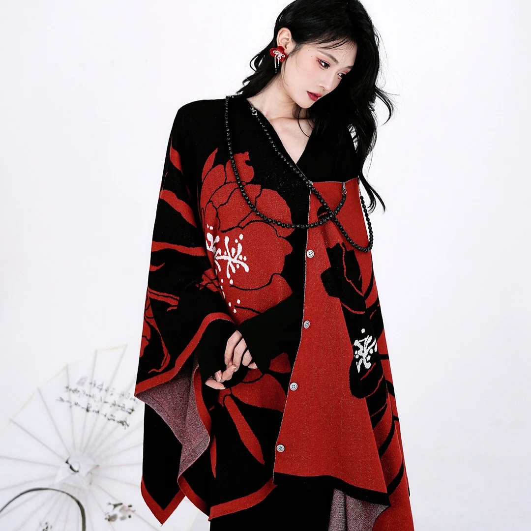 人间蜉蝣 点绛设计师联名款红月昙花两片式可拆卸羊毛披肩女外搭