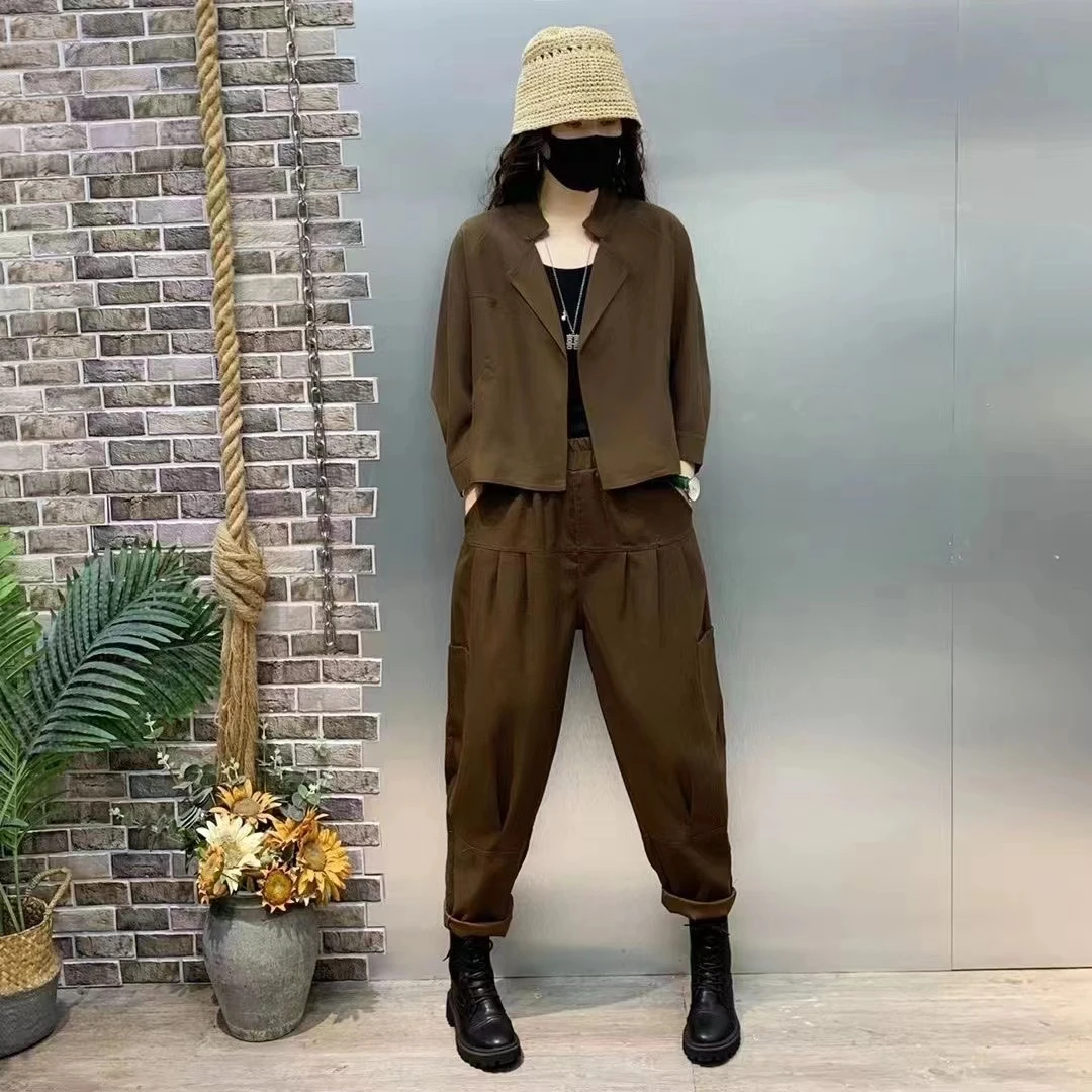 休闲时尚套装2025早秋新款洋气哈伦裤两件套减龄遮肉短款开衫外套