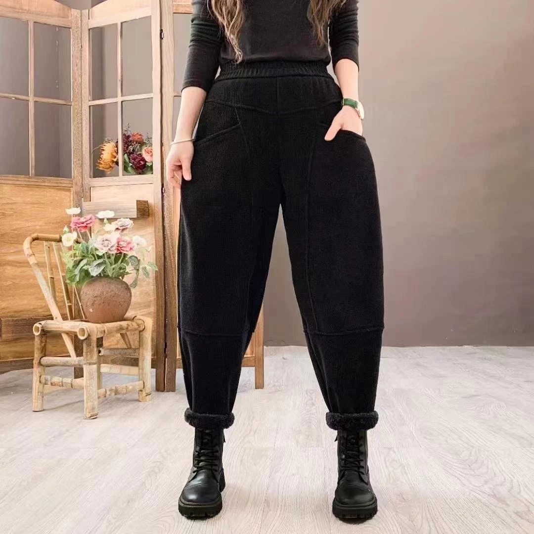 2024秋冬新款时尚雪尼尔大口袋休闲哈伦裤女装加绒加厚拼接长裤子