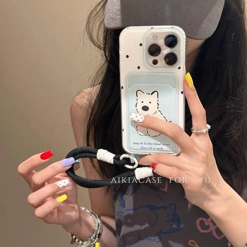 黑点萌萌狗适用苹果15promax手机壳卡包iPhone13/14/11挂绳12硅胶