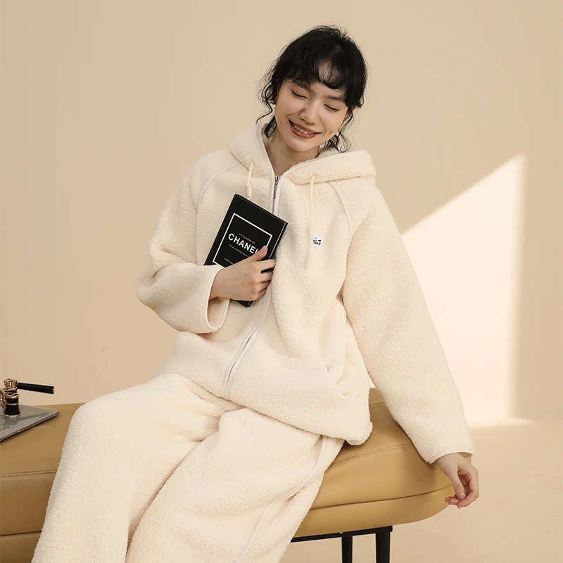 新款睡衣冬季北糕绒女士可外穿保暖家居服套装加绒加厚睡衣女