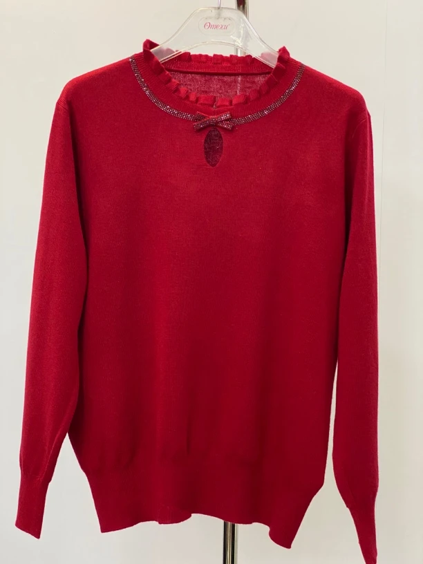 欧美姿2024年秋冬新款时尚烫钻百搭圆领花边毛衣