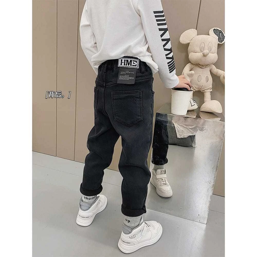 儿童牛仔裤新款男童秋冬款一体绒中大童帅气修身洋气百搭休闲裤子