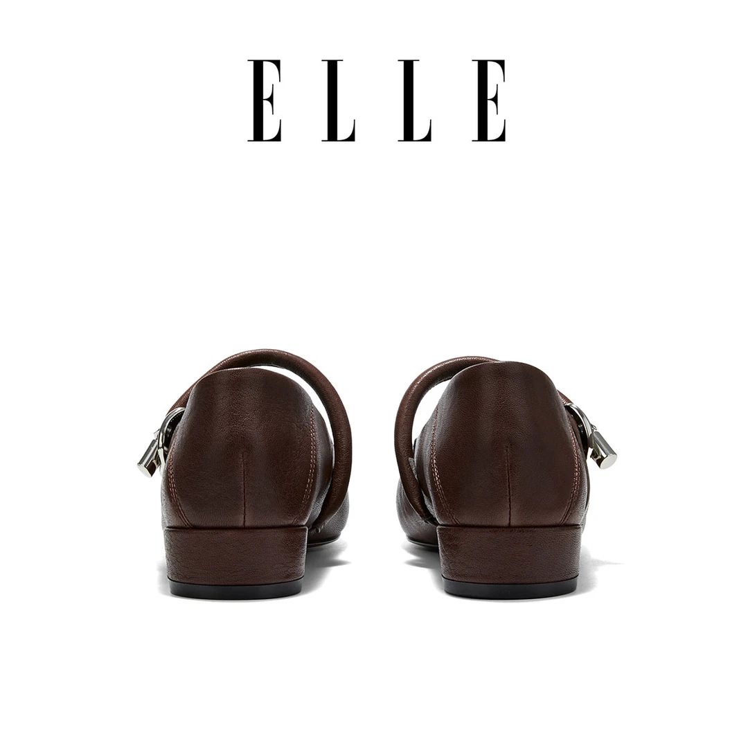 ELLE复古方头晚晚风软面皮奶奶鞋2025秋季新款低跟舒适一字扣单鞋