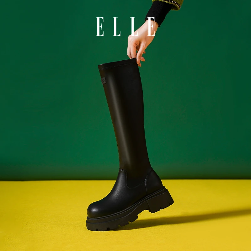 ELLE时尚女靴高筒休闲真皮长靴高跟套筒靴2025新款英伦长筒时装靴