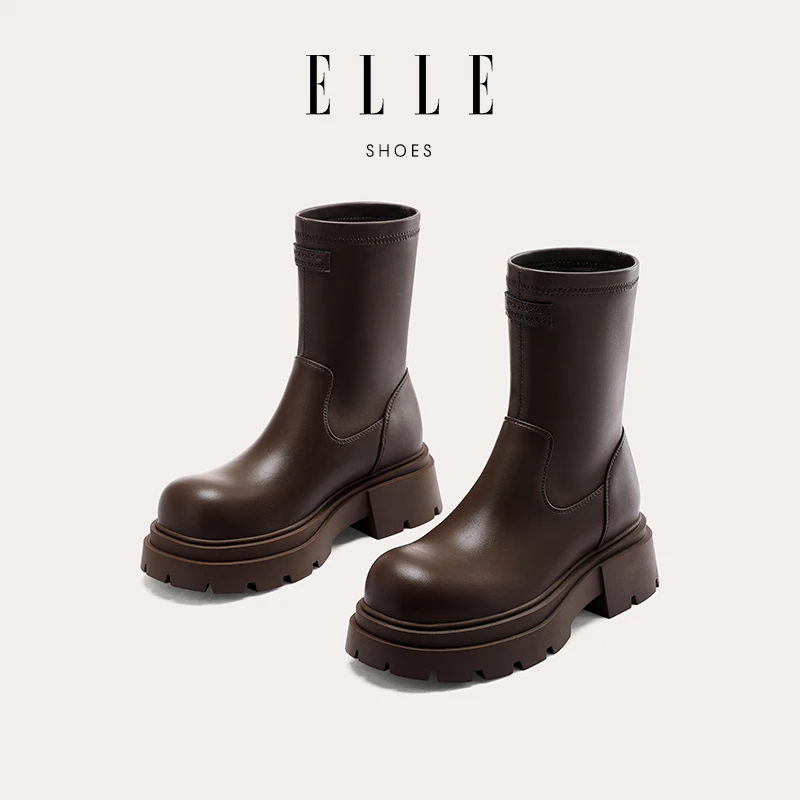 ELLE厚底马丁靴女短靴英伦风厚底中筒切尔西靴子女款2024新款春秋